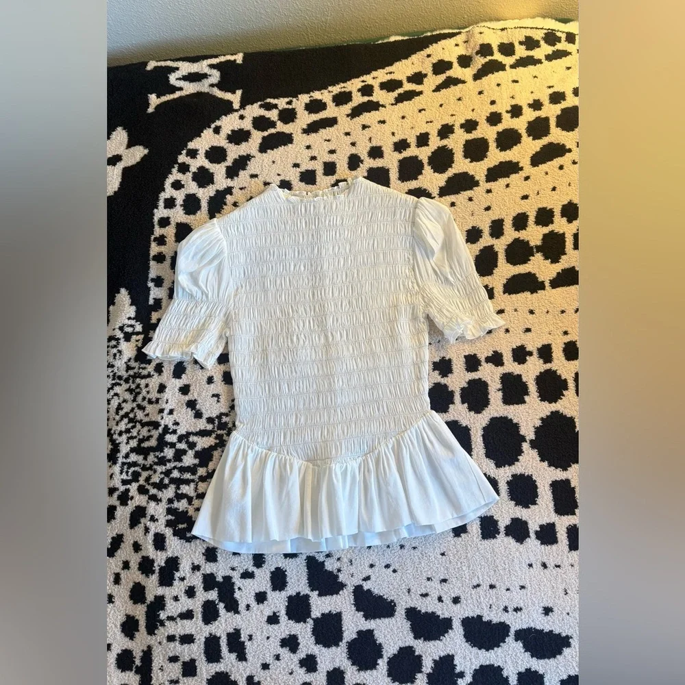 Reformation White Smocked Peplum Puff Sleeve Top